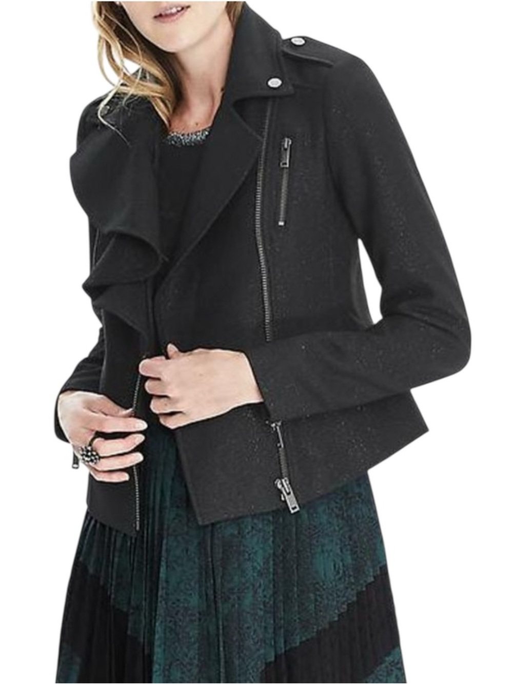 Banana Republic Flounce Front Moto Jacket Black Sparkle Shimmer Ruffle Coat US 6
